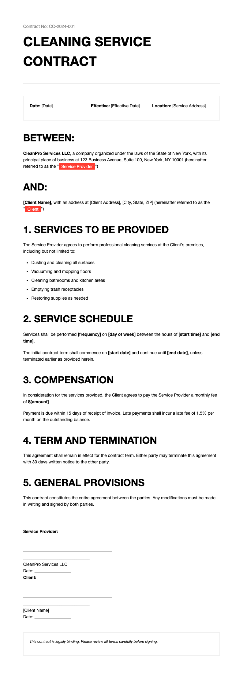 Modern minimalist cleaning contract